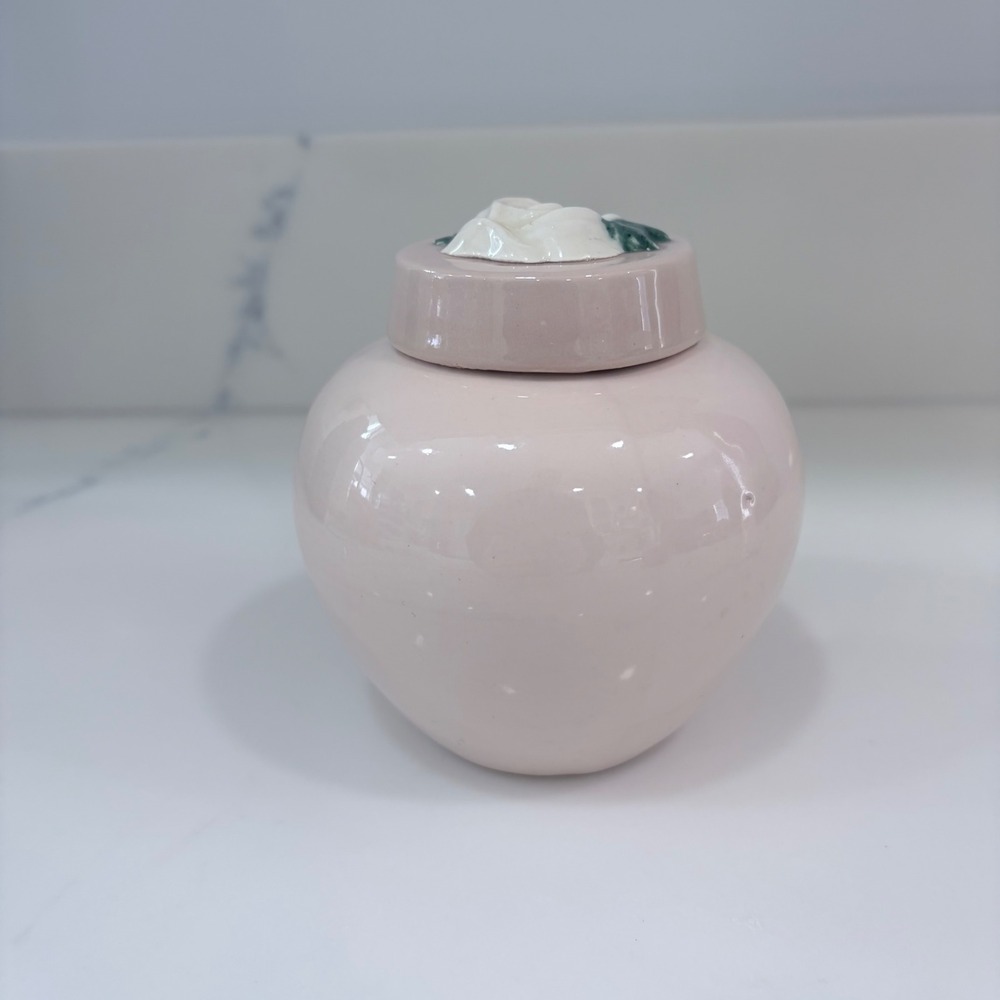 Vintage Pink Ceramic Ginger Jar Trinket Box with White‎ Rose Floral Lid 4 Inch